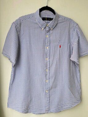 Ralph Lauren Blue and White Red Pony Button Up Casual Half Sleeve Shirt Size Xl